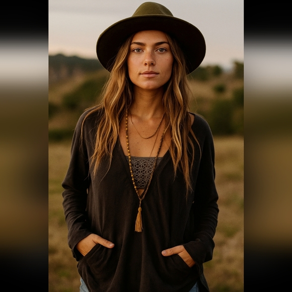 Free People Womens Black Linen Double V Long Sleeve Top M - Picture 1 of 12